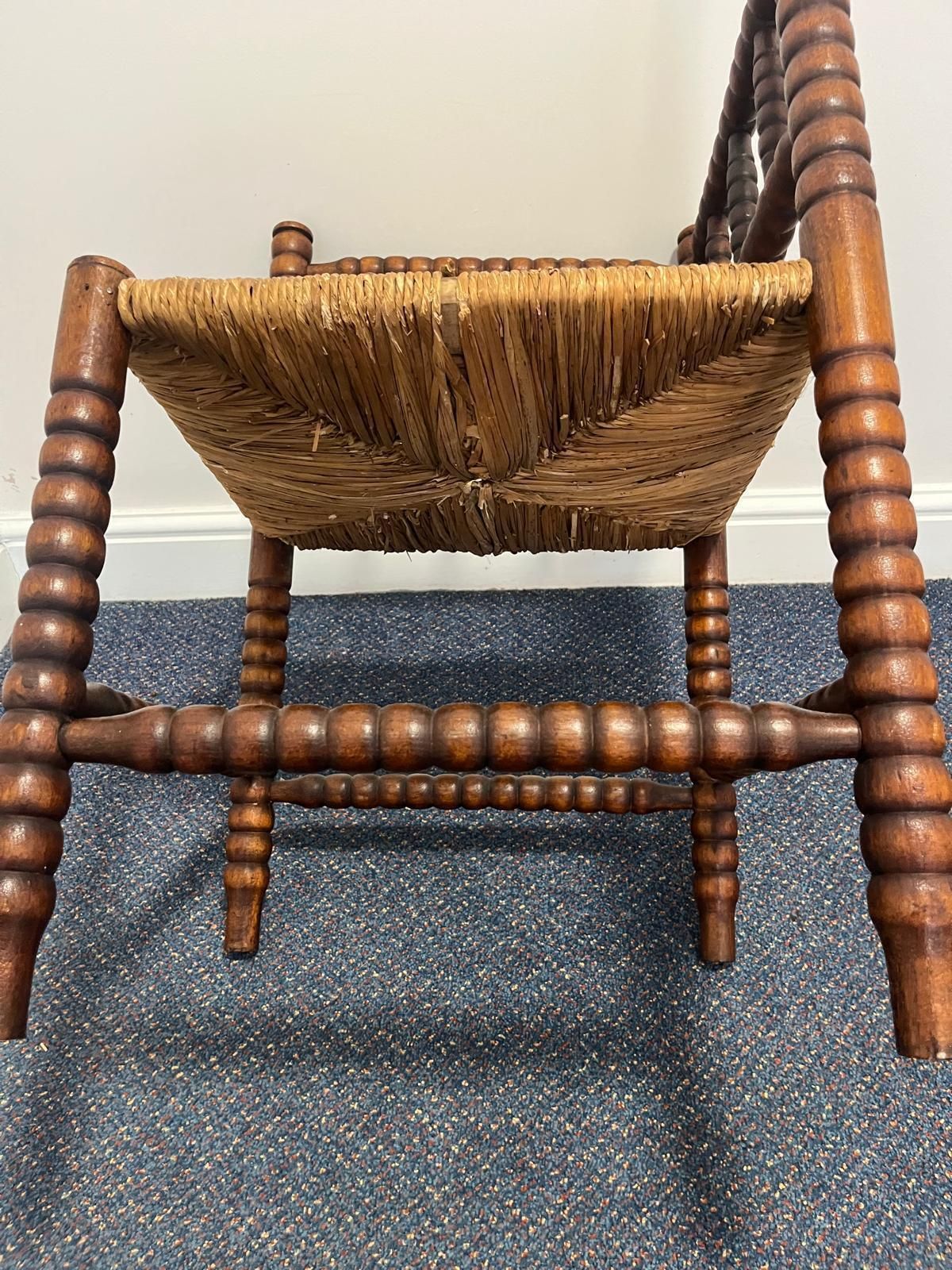 Antique French Bobbin Corner Wooden Chair, Woven Rush Seats photo for sale