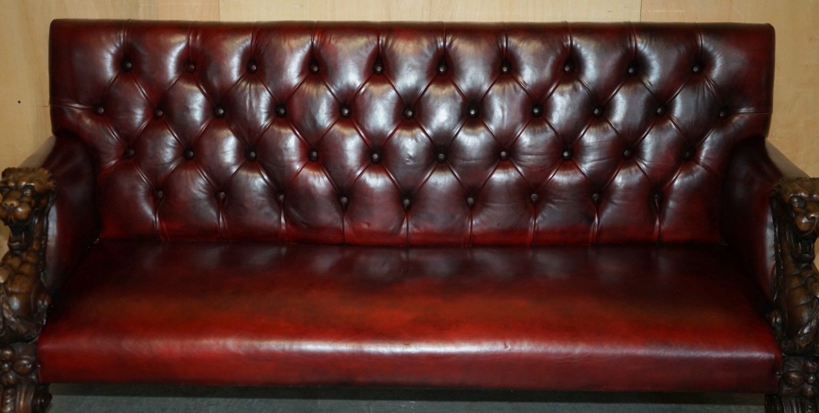 15000.0 Rare Lion' Head Hand Carved Antique Victorian Chesterfield Oxblood Leather Sofa photo