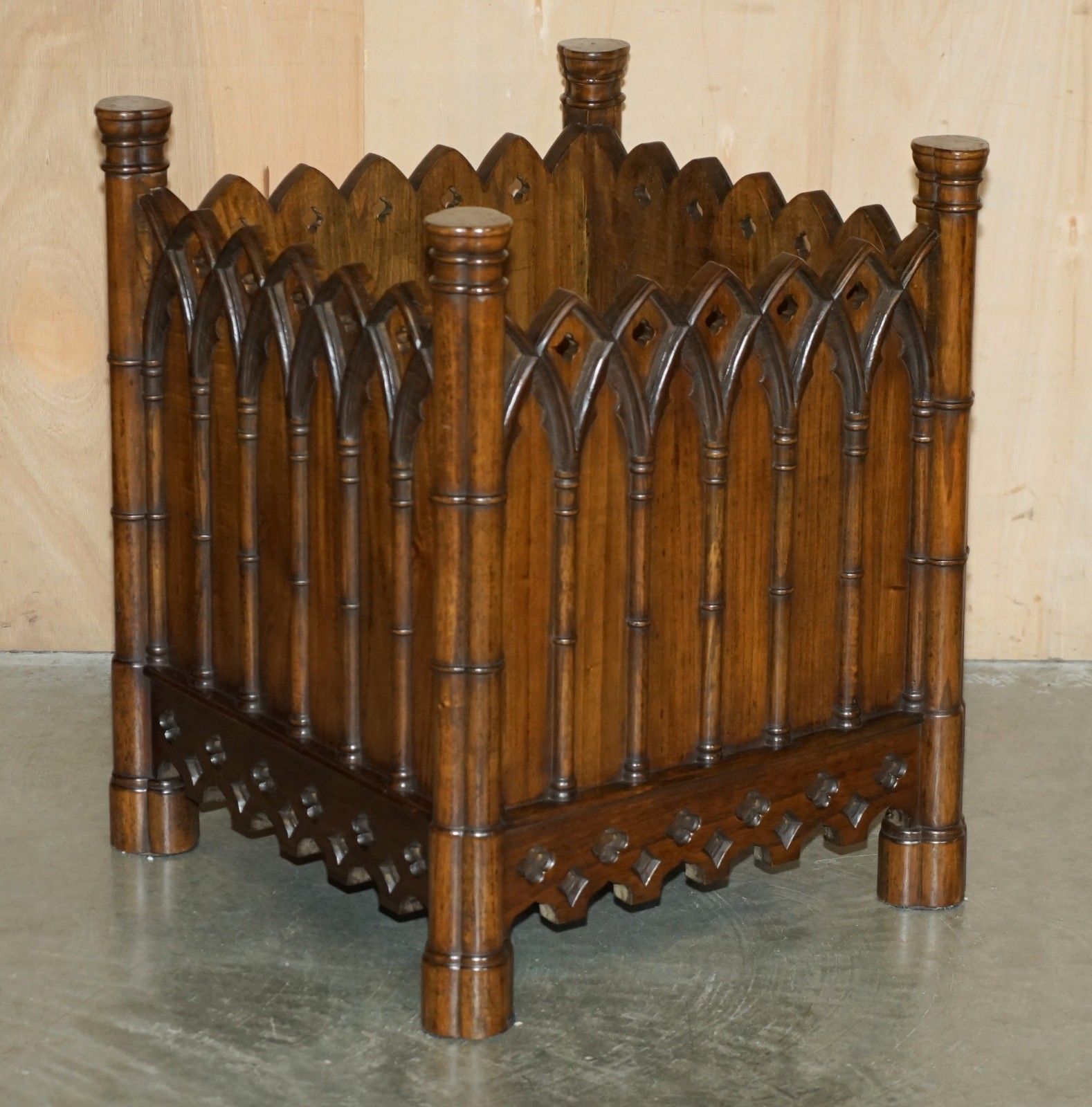 photo buy Stunning Pair Of Gothic Revival Extra Large Hand Carved Wooden Planters 72x60cm