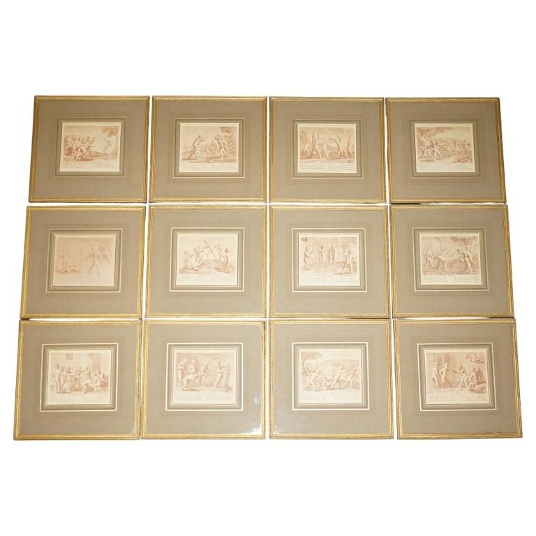 1750 Suite Of 12 Copper Plate Engravings Of Sepia Of Amorini "Cherubs At Play"