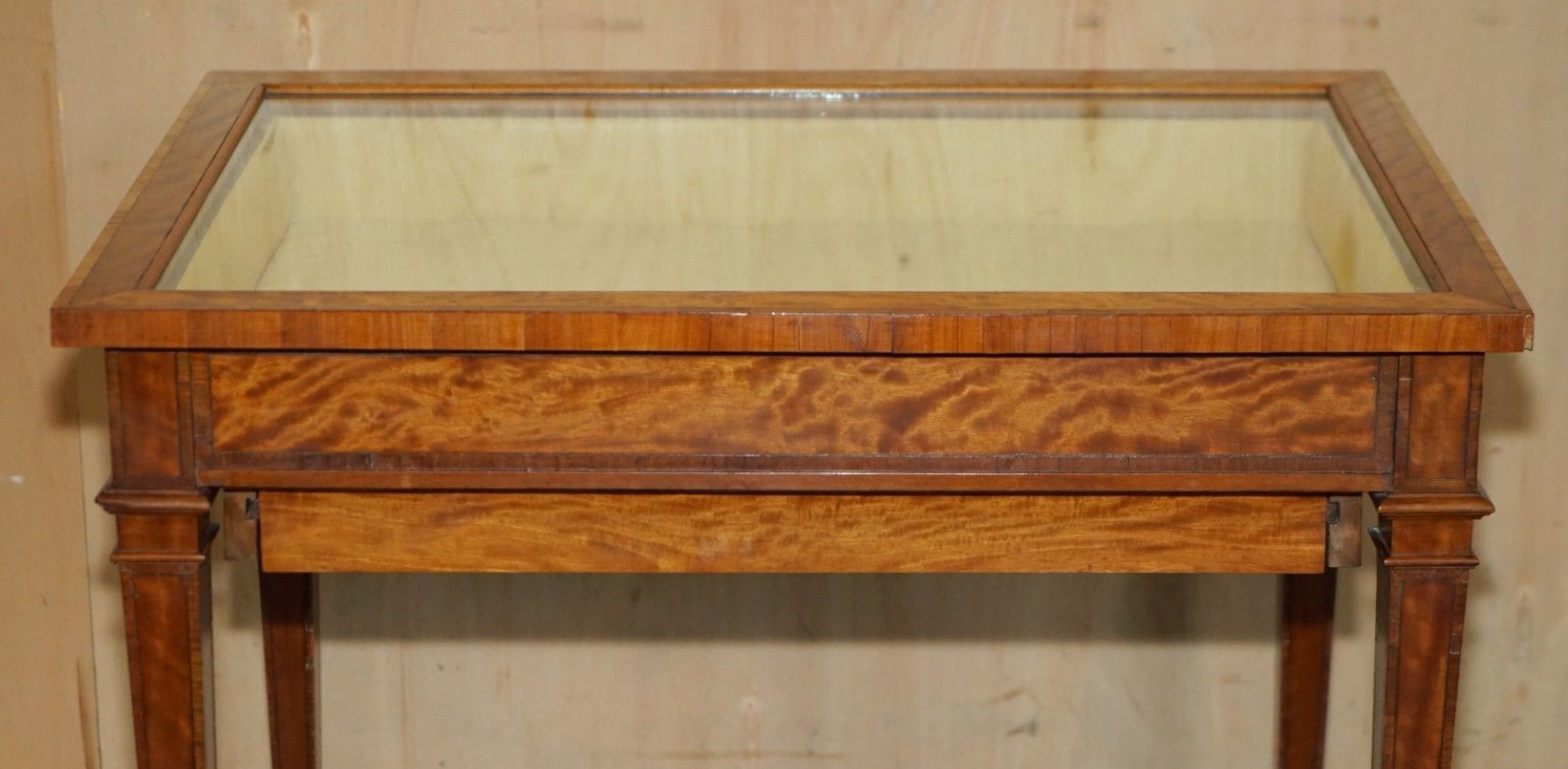 photo for sale Antique Satinwood Bijouterie Glass Display Case Side End Table For Trinkets Etc