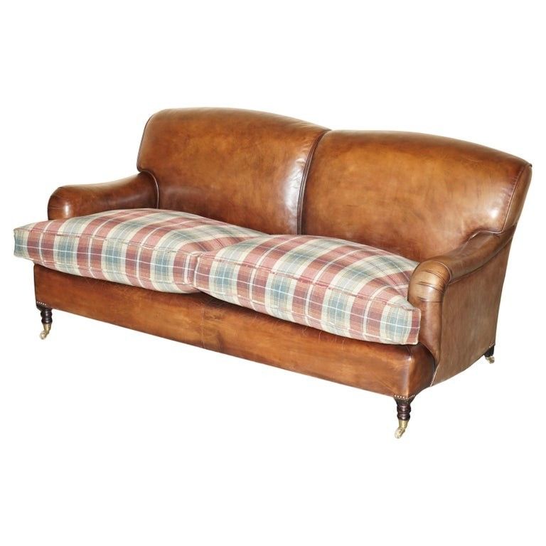 Fine George Smith Howard Brown Leather Signature Scroll Arm Sofa Tartan Cushions