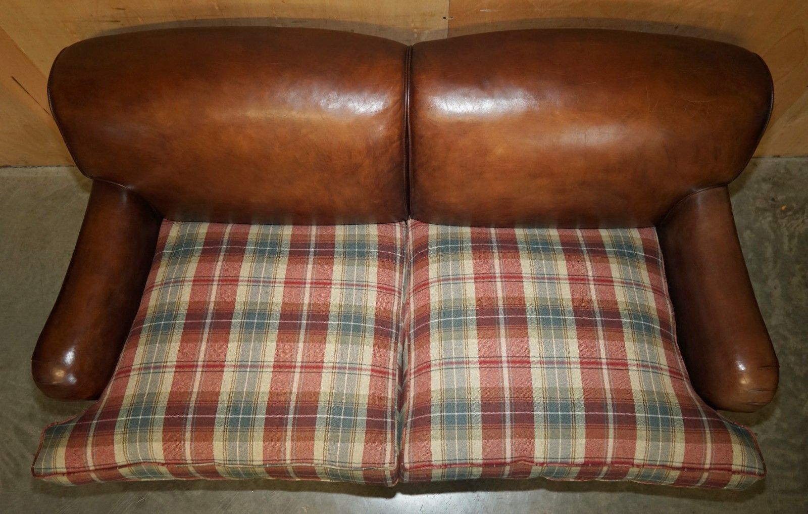 Fine George Smith Howard Brown Leather Signature Scroll Arm Sofa Tartan Cushions photo Furniture