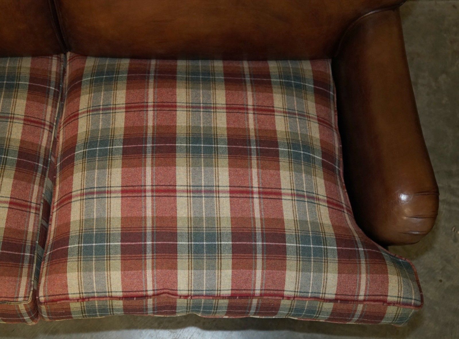 Fine George Smith Howard Brown Leather Signature Scroll Arm Sofa Tartan Cushions photo 7950.0