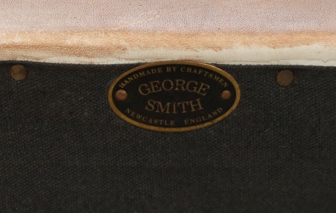 Pair Of George Smith Brown Leather Signature Scroll Tartan Cushions Armchairs photo furniture