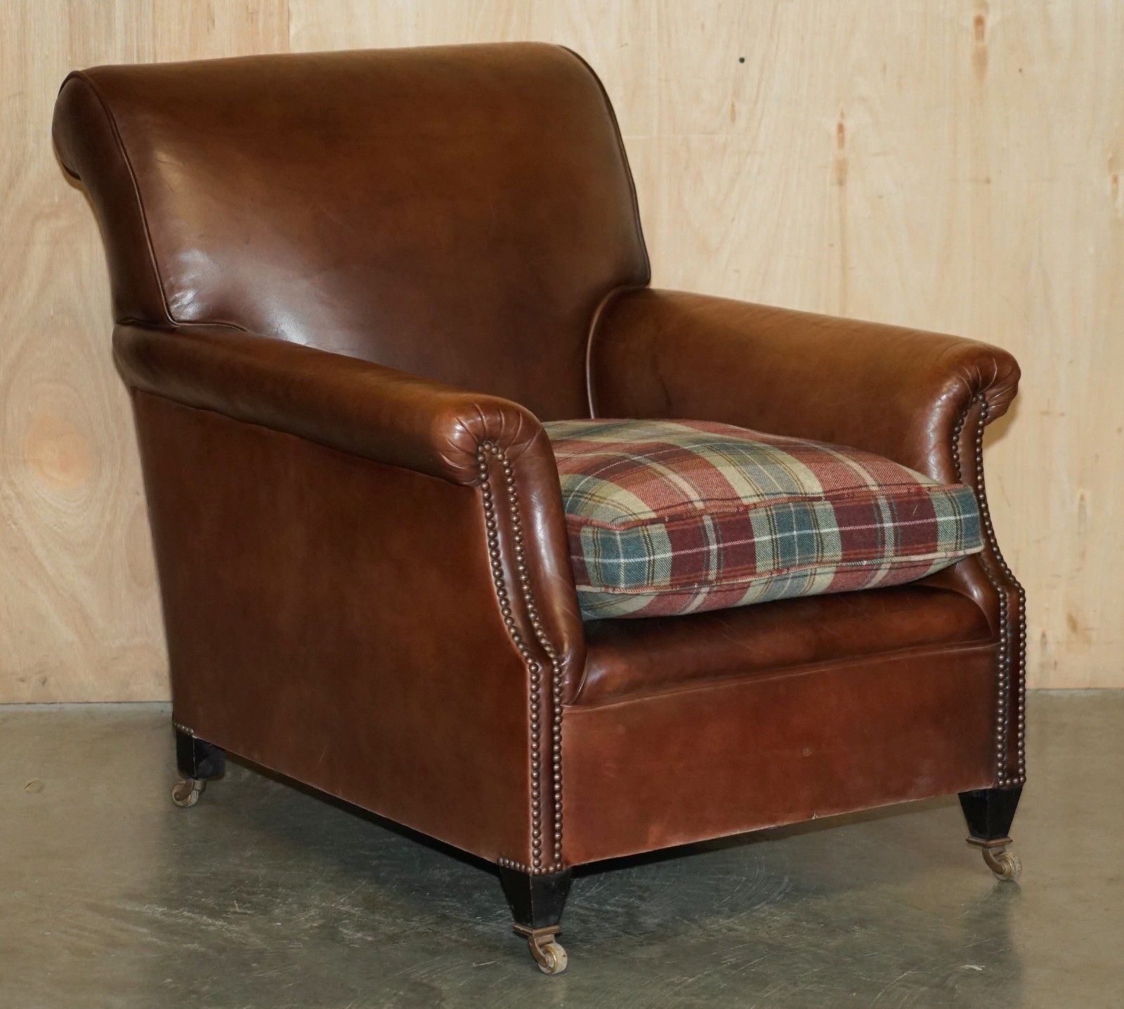 Pair Of George Smith Brown Leather Signature Scroll Tartan Cushions Armchairs photo for sale