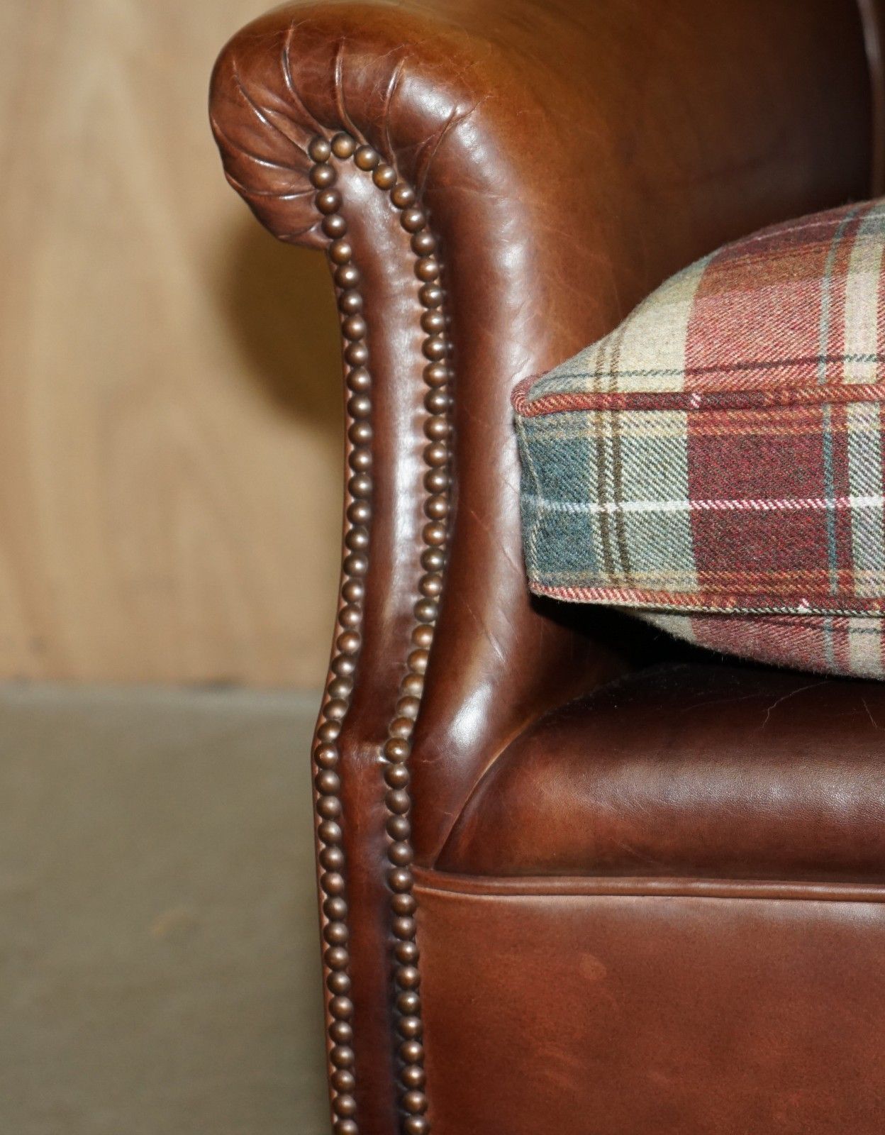 photo for sale Pair Of George Smith Brown Leather Signature Scroll Tartan Cushions Armchairs