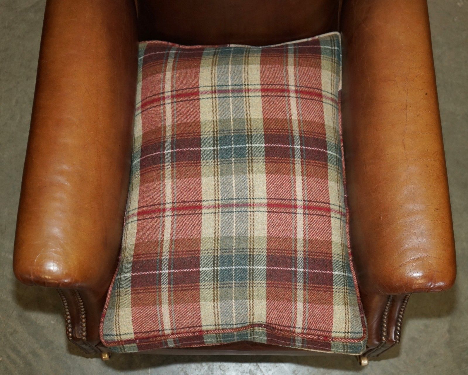photo buy Pair Of George Smith Brown Leather Signature Scroll Tartan Cushions Armchairs