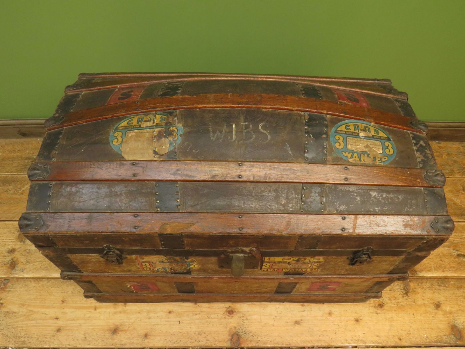 Large Antique Dome Top Travelling Trunk With Old Canadian Luggage Labels photo furniture