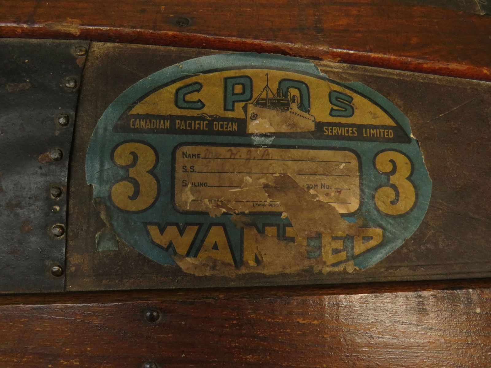 Large Antique Dome Top Travelling Trunk With Old Canadian Luggage Labels photo for sale