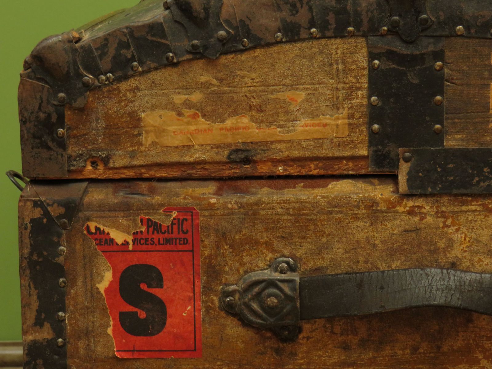 Large Antique Dome Top Travelling Trunk With Old Canadian Luggage Labels photo buy