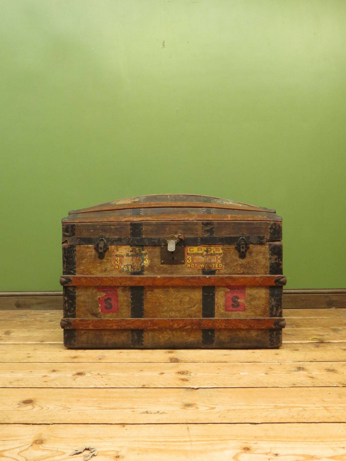 Large Antique Dome Top Travelling Trunk With Old Canadian Luggage Labels photo vintage