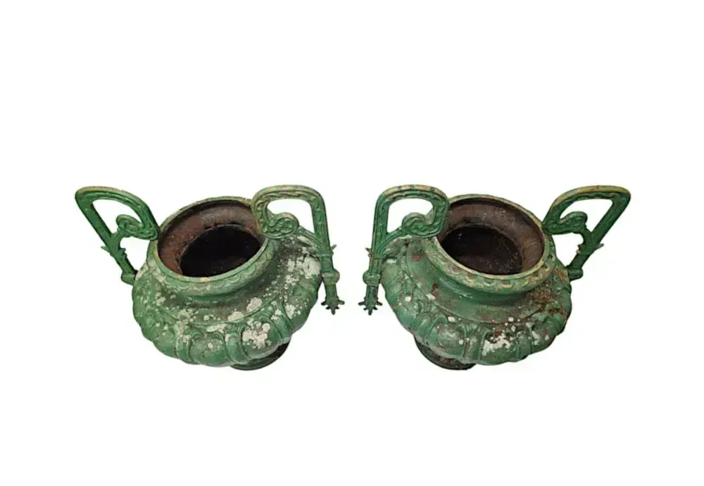 A Very Rare Pair Of 19th Century Heavy Cast Iron Garden Urns photo Garden Decor