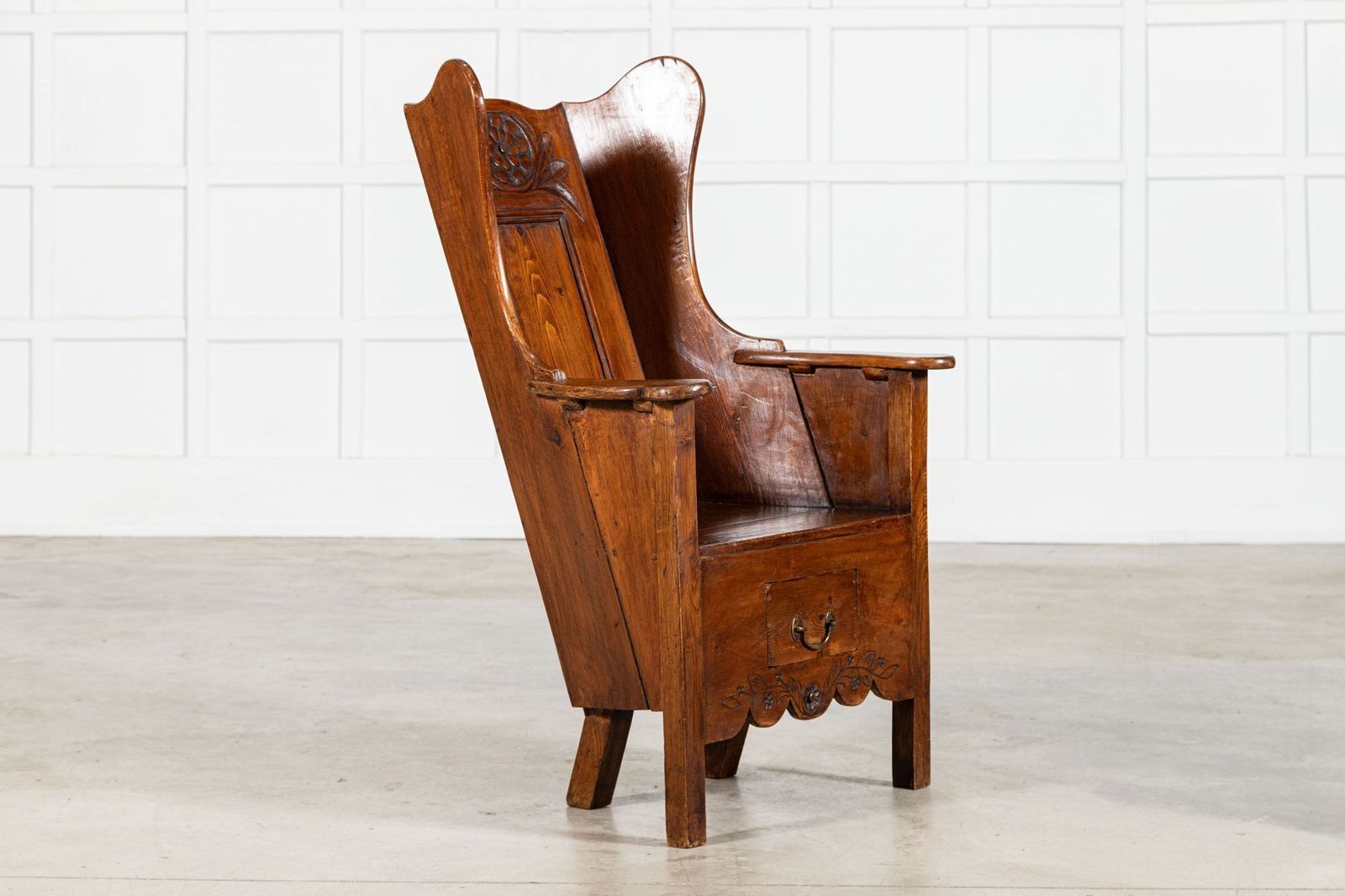 Early 18thc Oak & Pine Carved Lambing Chair photo for sale