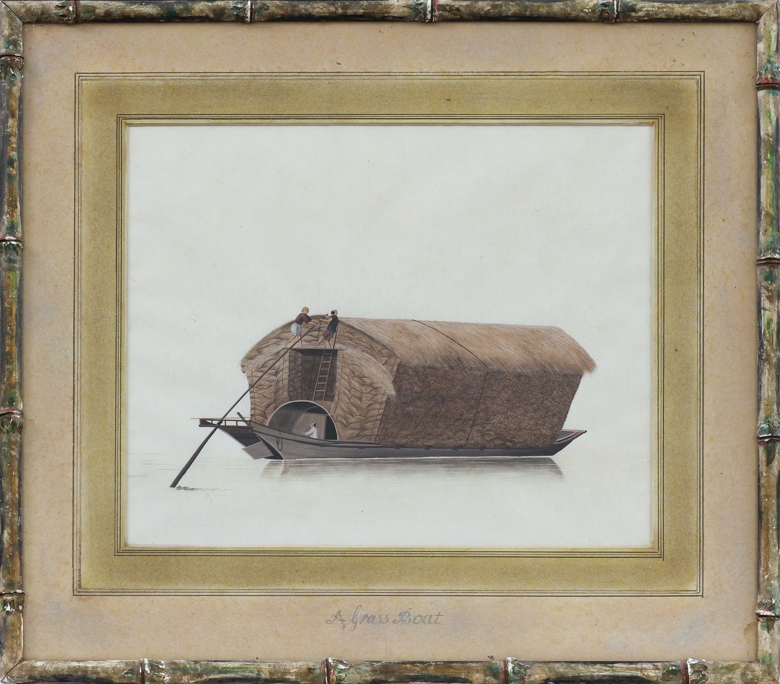 19th Century Chinese Watercolour On Paper. Titled "A Grass Boat" photo 245.0