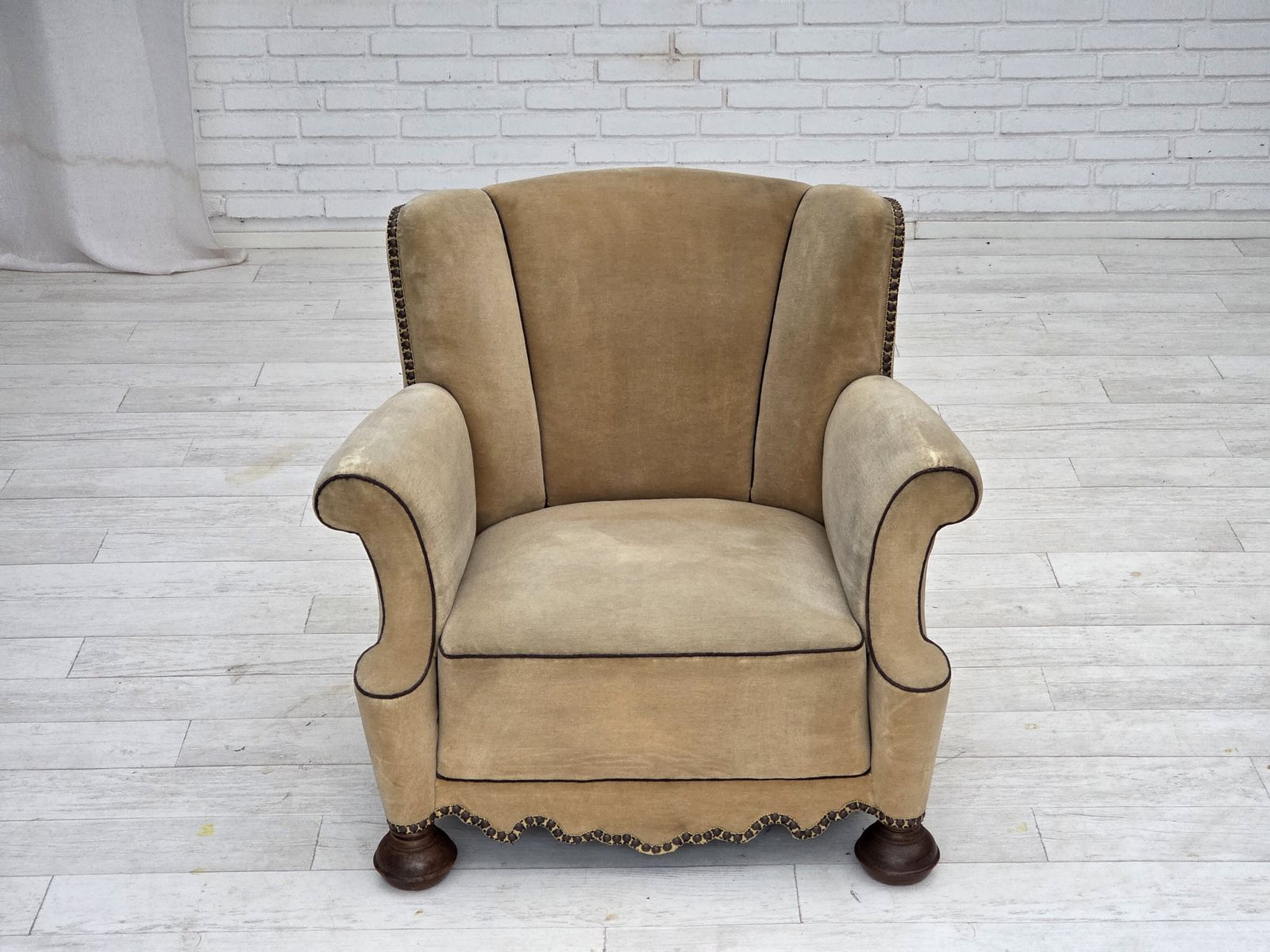 1950s, Danish Relax Chair, Furniture Velour With Patina, Oak Wood Legs. photo vinterior