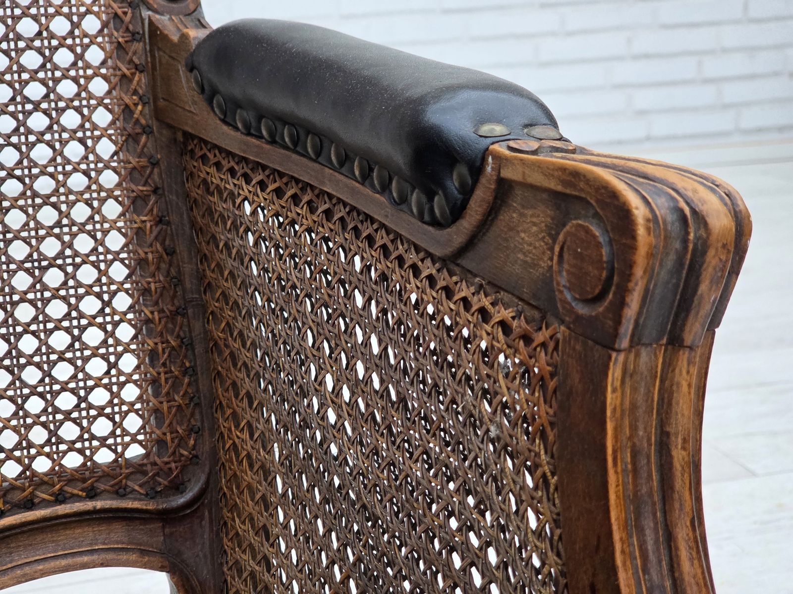 1930s, Danish Armchair, Furniture Leather, Ash Wood, Furniture Mesh, Reupholstered. photo vintage