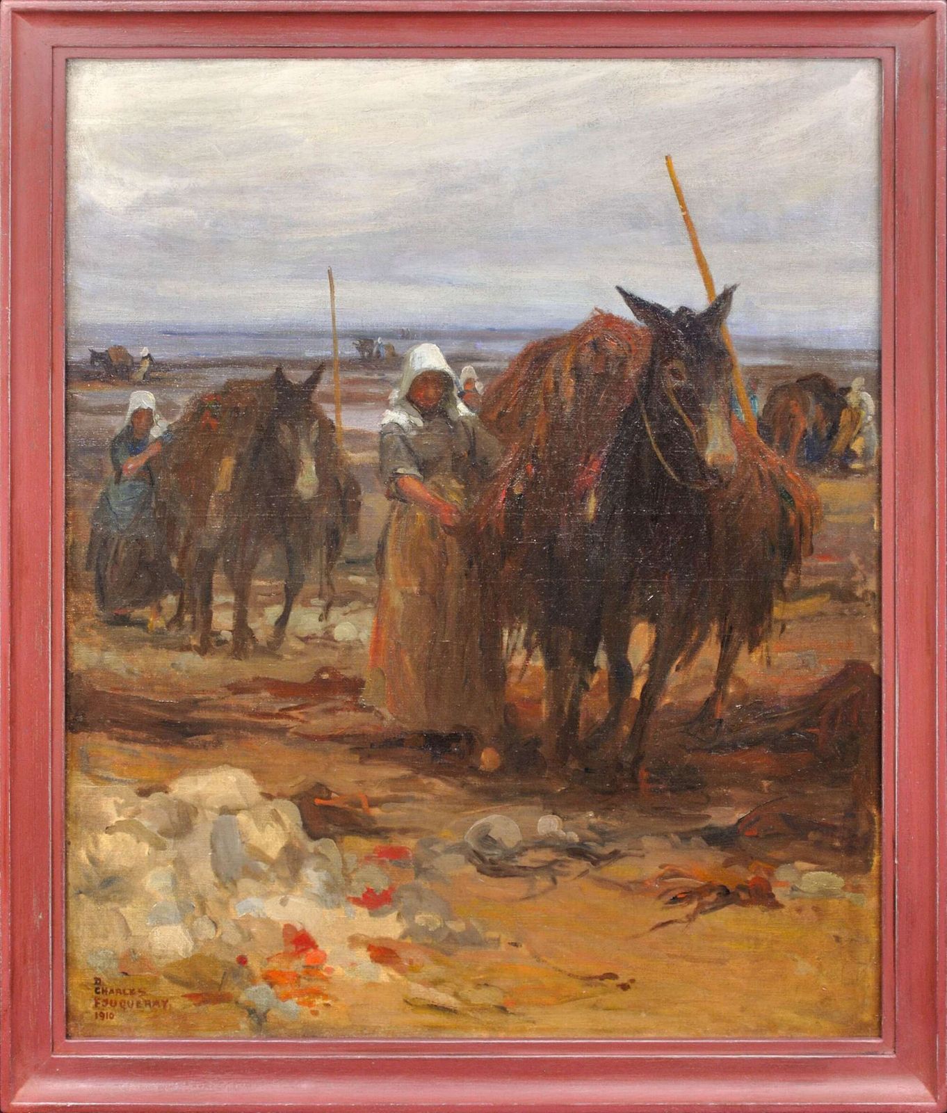 Charles Fouqueray 1869 To 1956. French. Ramasseurs De Goemon En Bretagne, 1910. Seaweed Gatherers In Brittany. Framed Breton Oil Painting.