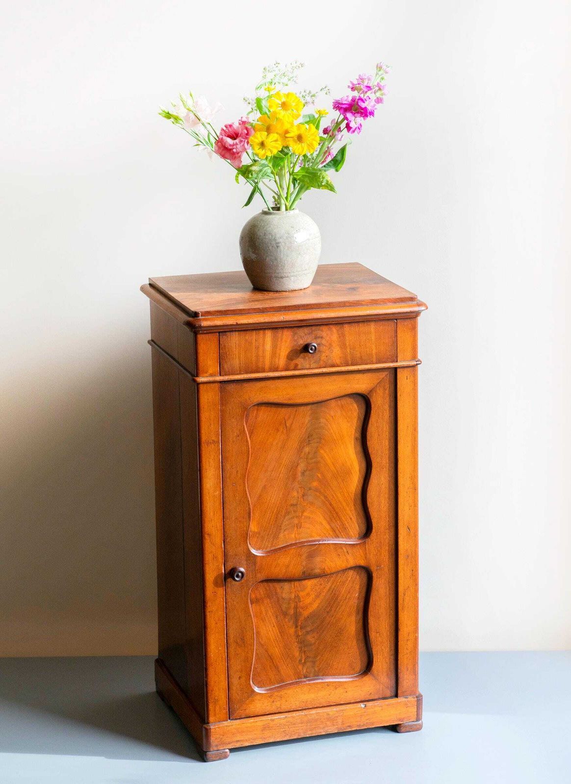 Antique Walnut Side Cabinet, 19th Century Wooden Chest With Drawer, Classic Victorian Bedside Table photo furniture