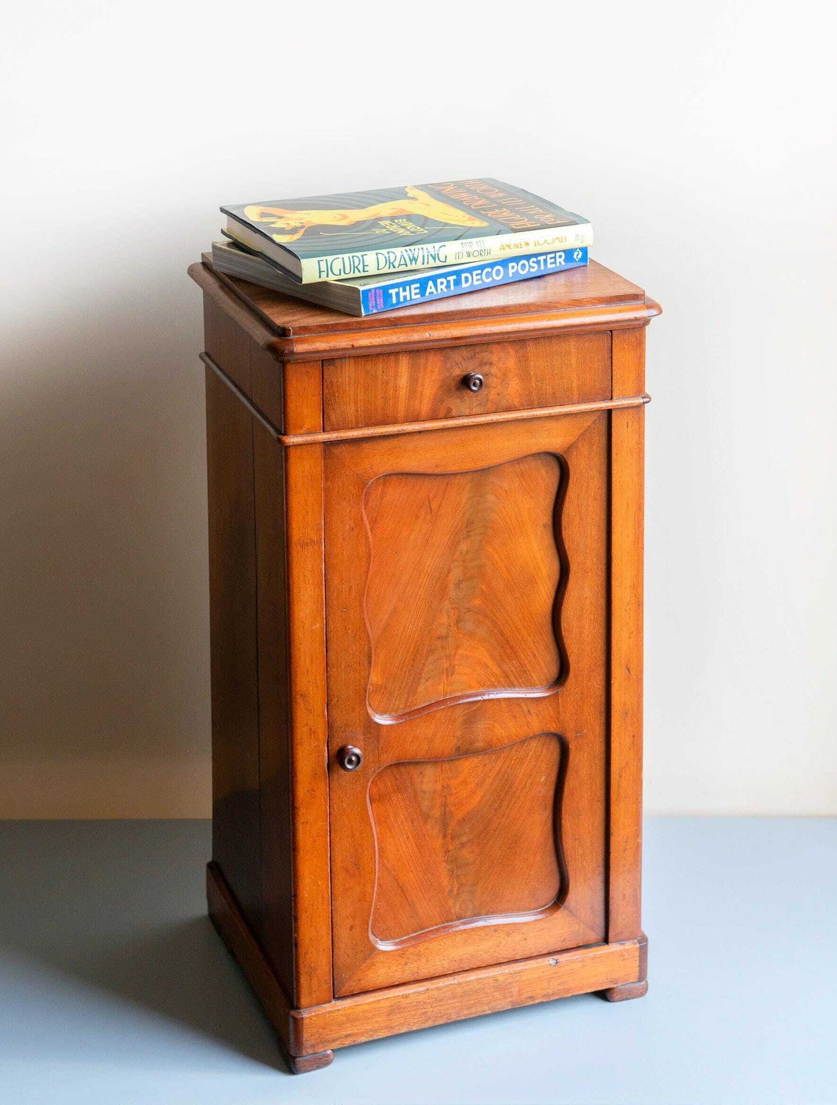 Antique Walnut Side Cabinet, 19th Century Wooden Chest With Drawer, Classic Victorian Bedside Table photo vinterior