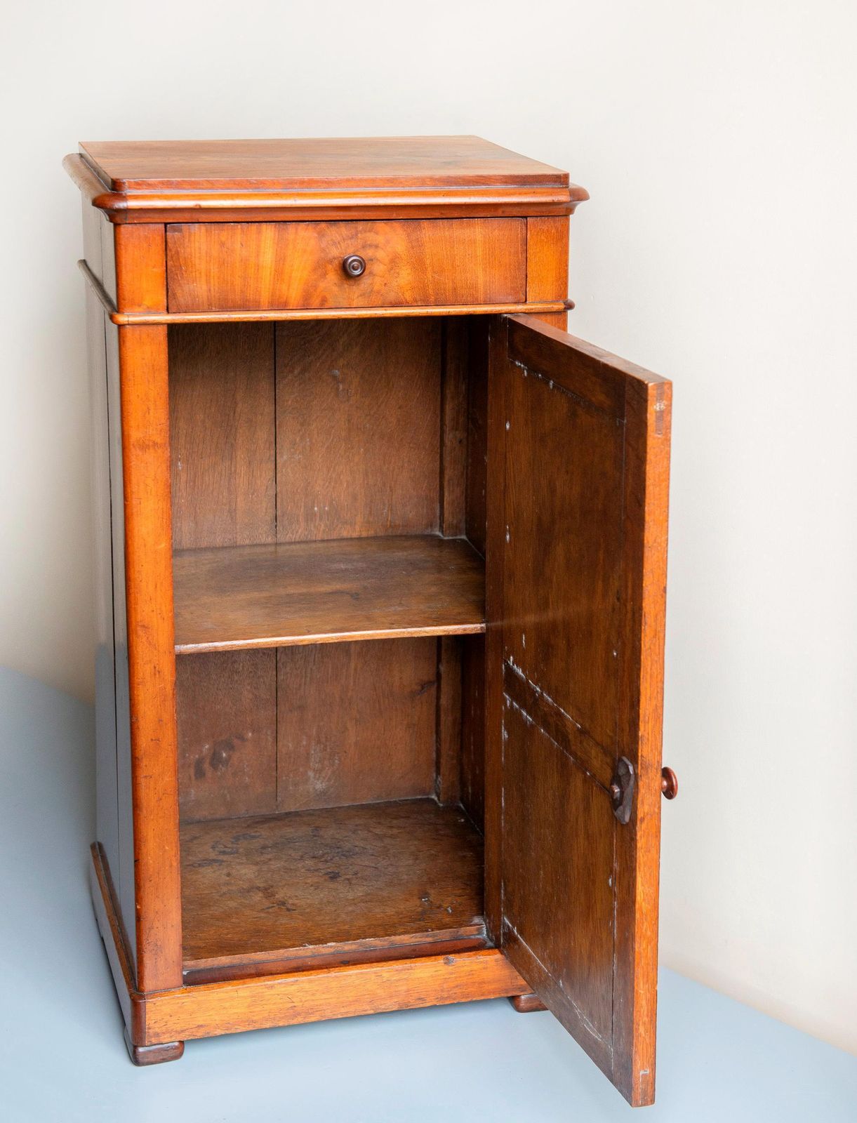 Antique Walnut Side Cabinet, 19th Century Wooden Chest With Drawer, Classic Victorian Bedside Table photo vintage