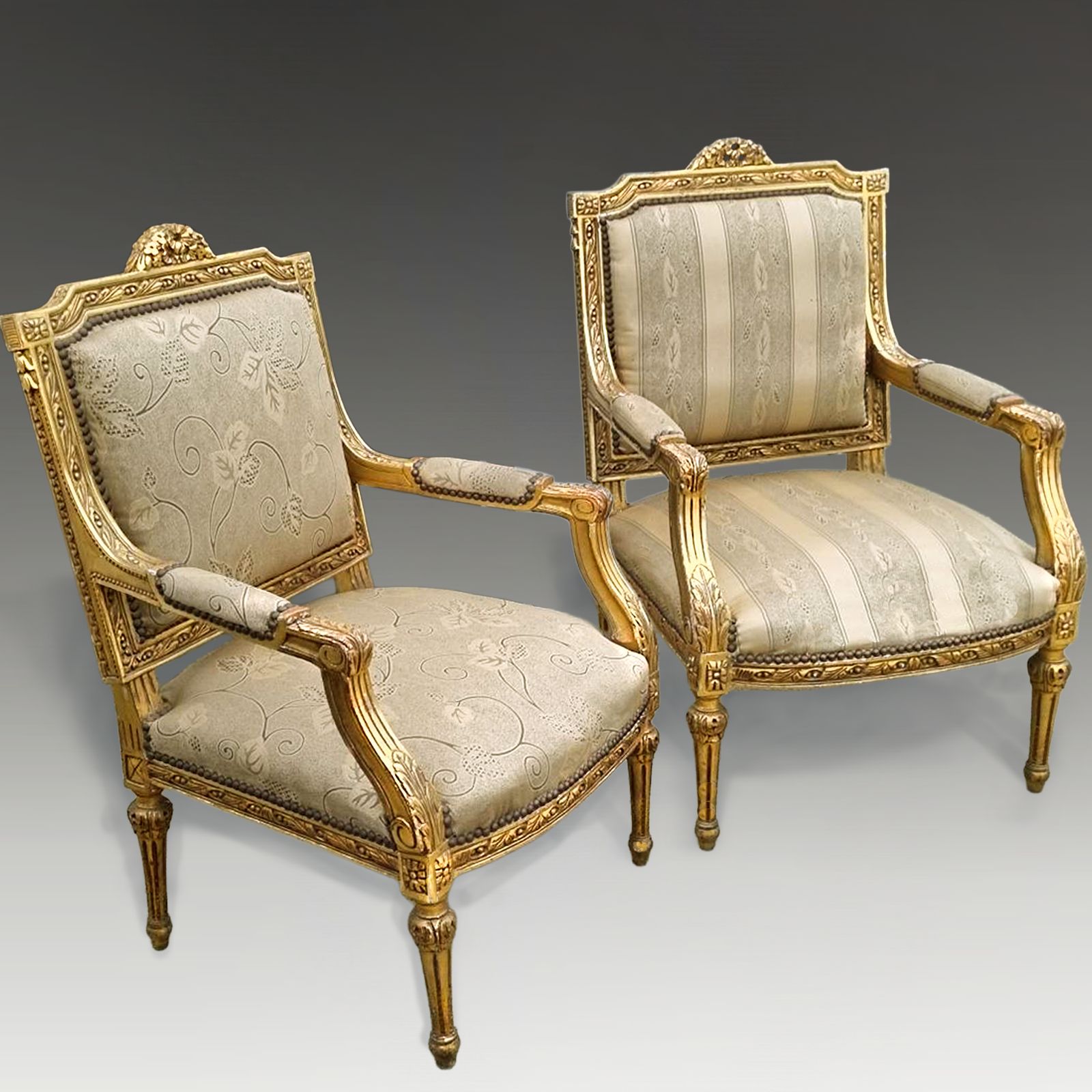 Antique Pair Of French Louis XVI Gold Leaf Fauteuils. photo for sale
