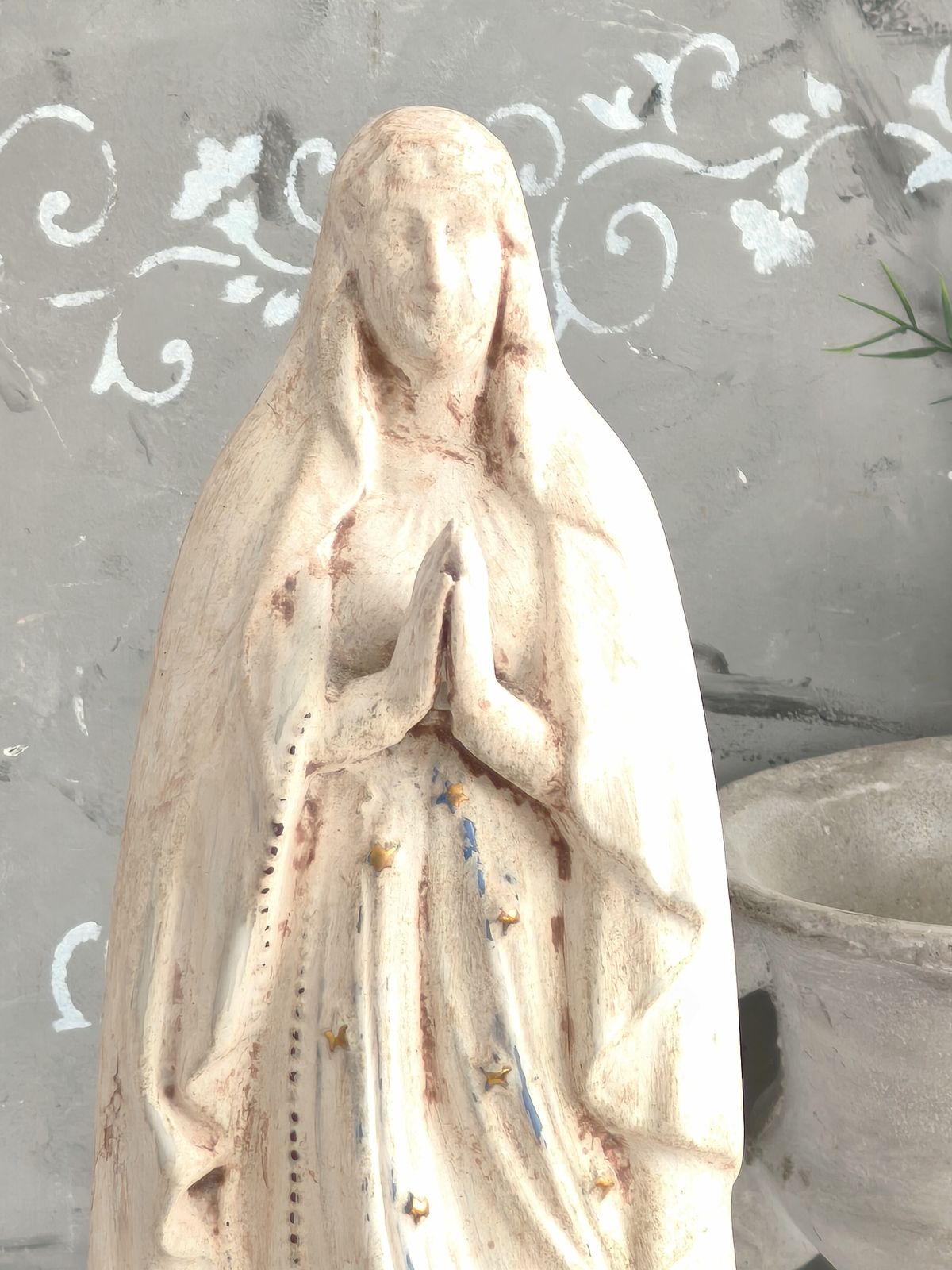 Vintage French Chalkware Madonna Statue, Plaster Virgin Mary Sculpture photo furniture