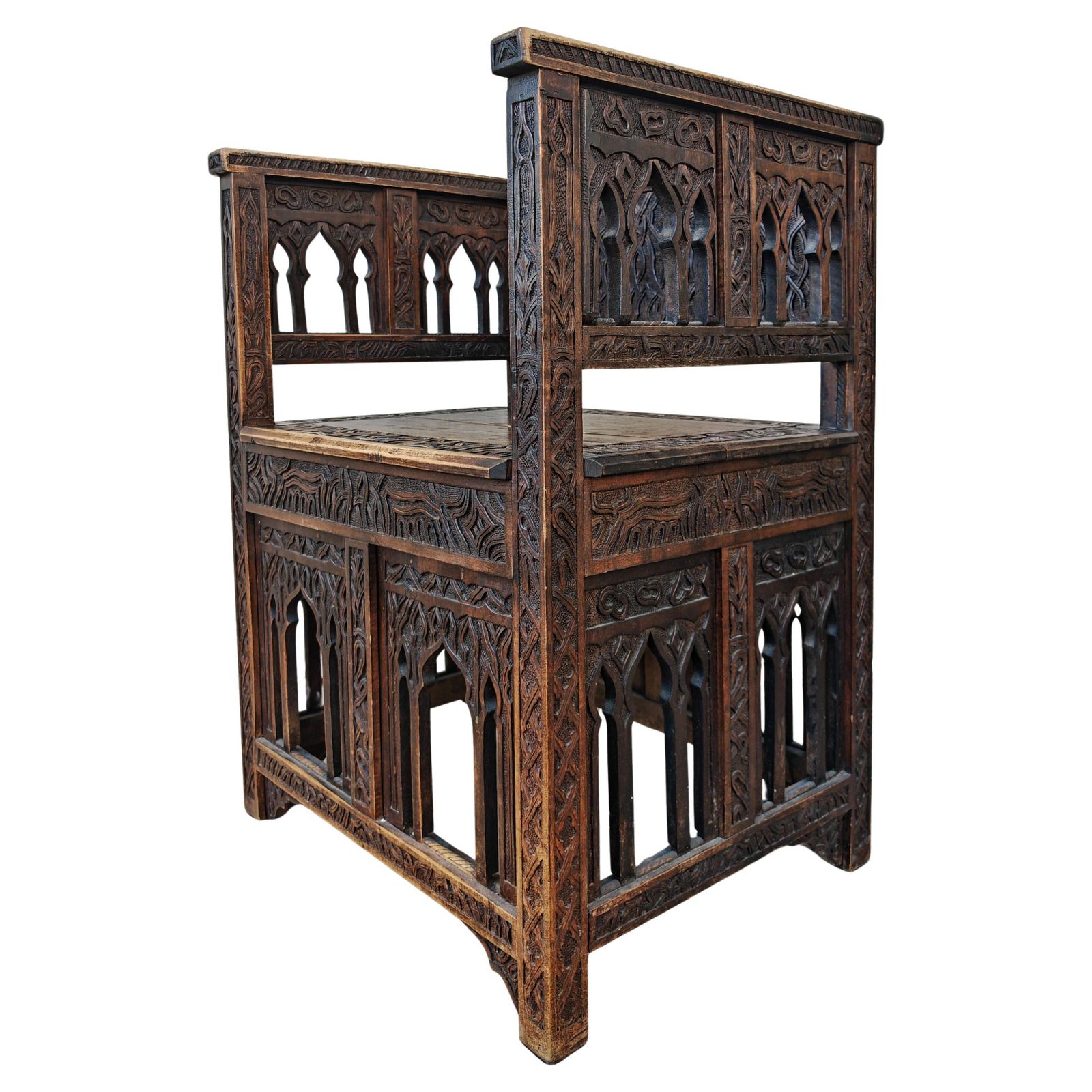 Antique Hand Carved Moorish Armchair In Solid Oak, Spain 19th Century