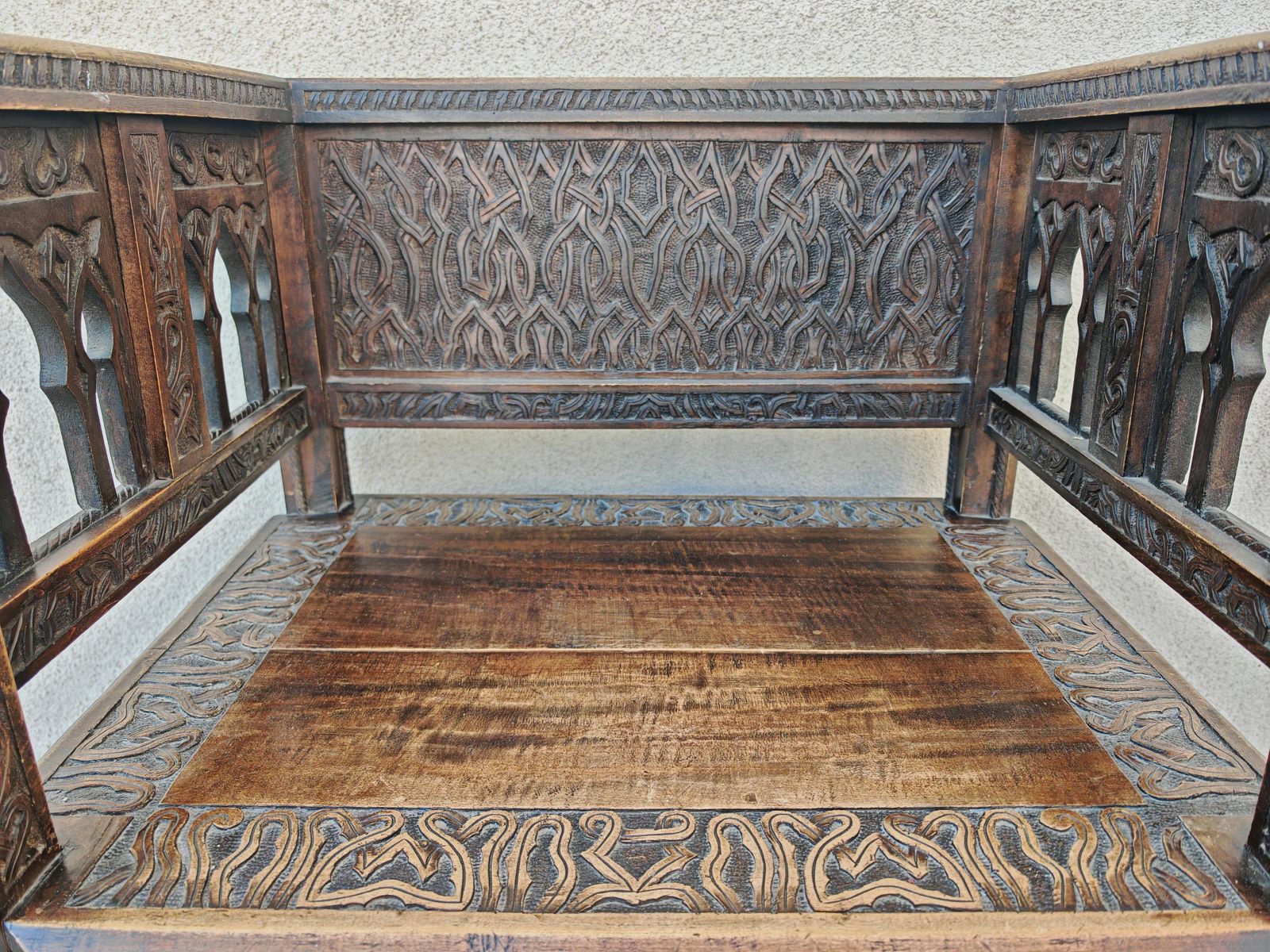 Antique Hand Carved Moorish Armchair In Solid Oak, Spain 19th Century photo Furniture