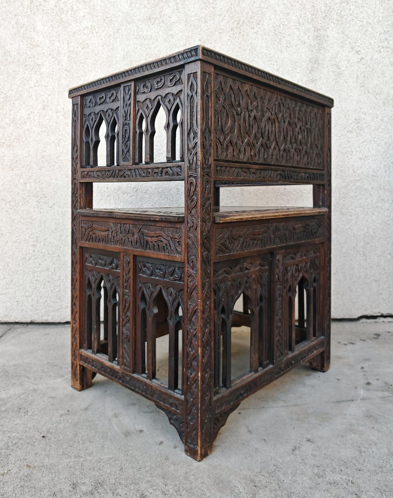 Antique Hand Carved Moorish Armchair In Solid Oak, Spain 19th Century photo vintage