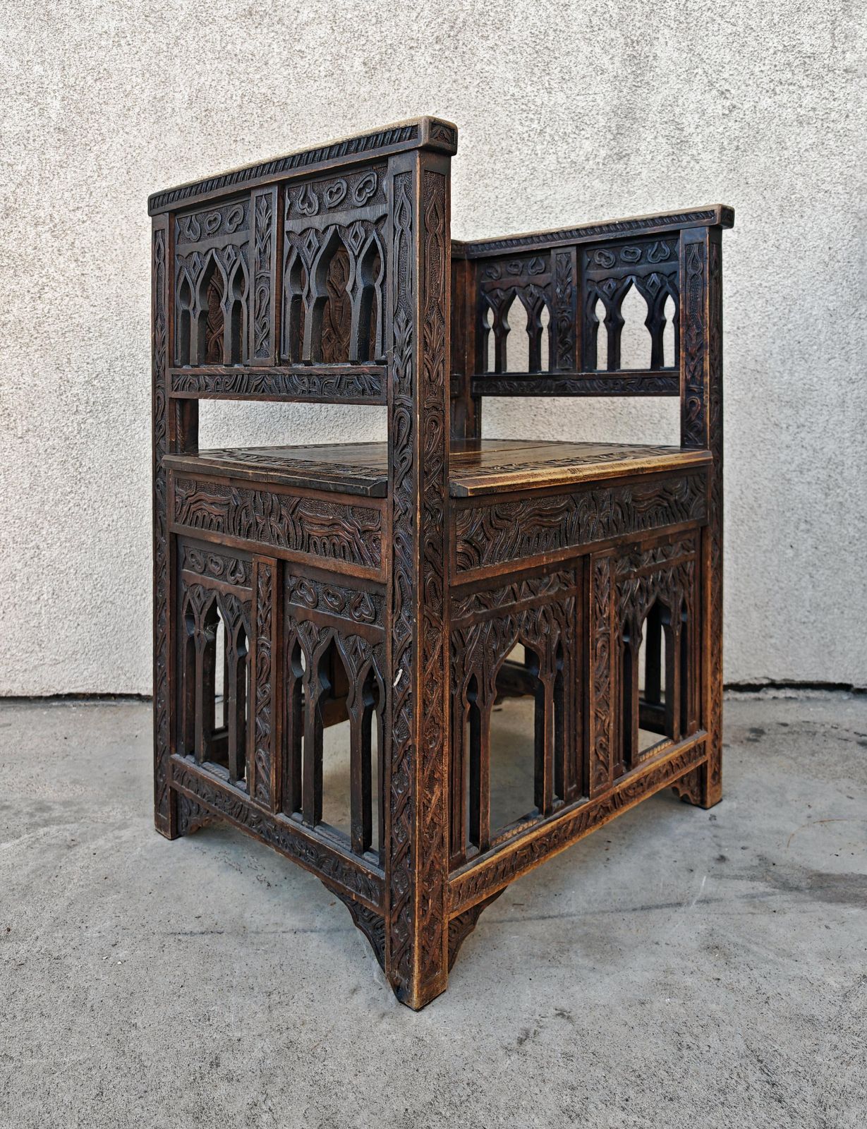 2400.0 Antique Hand Carved Moorish Armchair In Solid Oak, Spain 19th Century photo
