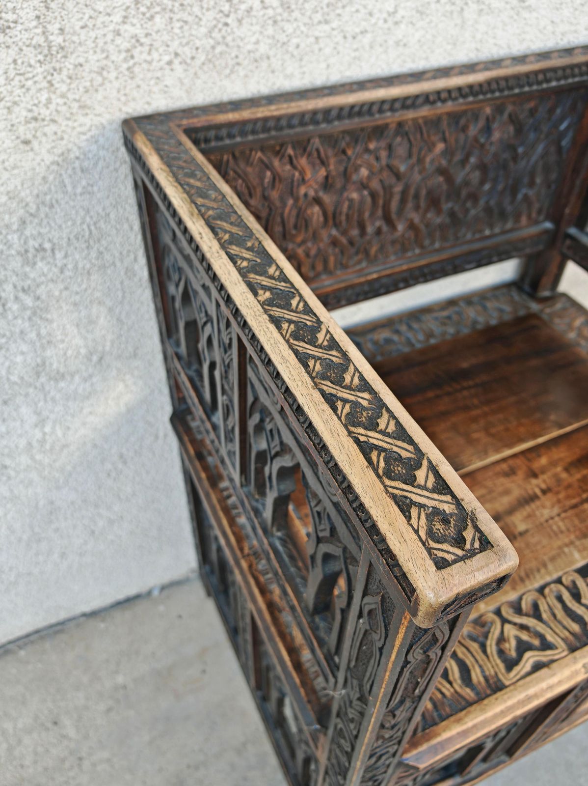 photo buy Antique Hand Carved Moorish Armchair In Solid Oak, Spain 19th Century