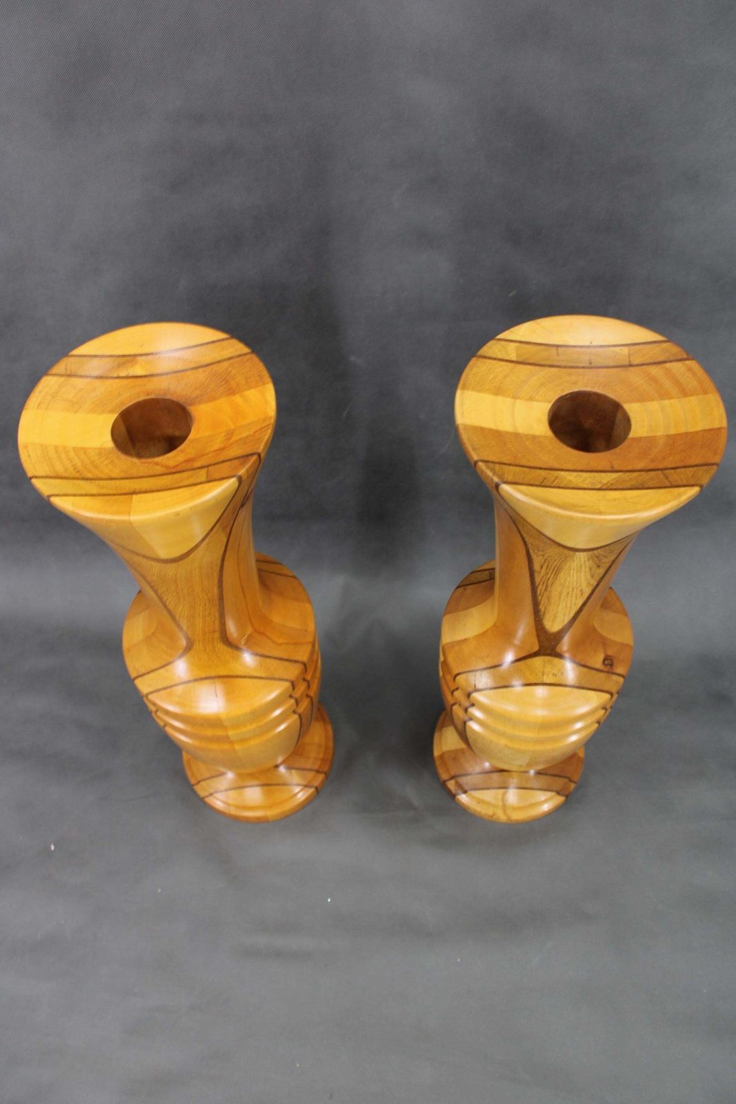 Pair Of Large Czechoslovakian Wooden Vases, Mixed Woods, 1960s photo Home Decor