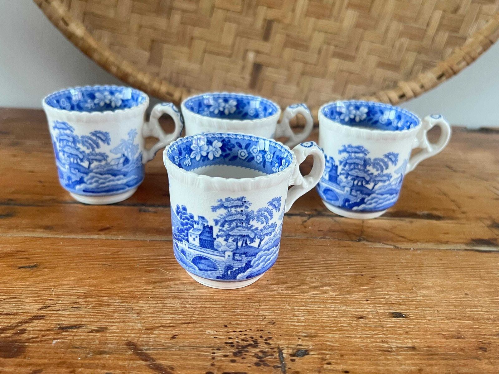 Antique Copeland Spode Tower England Espresso Size Cups Set Of Four | Small Blue And White Transferware Demitasse Mugs | Scalloped Edge photo vintage