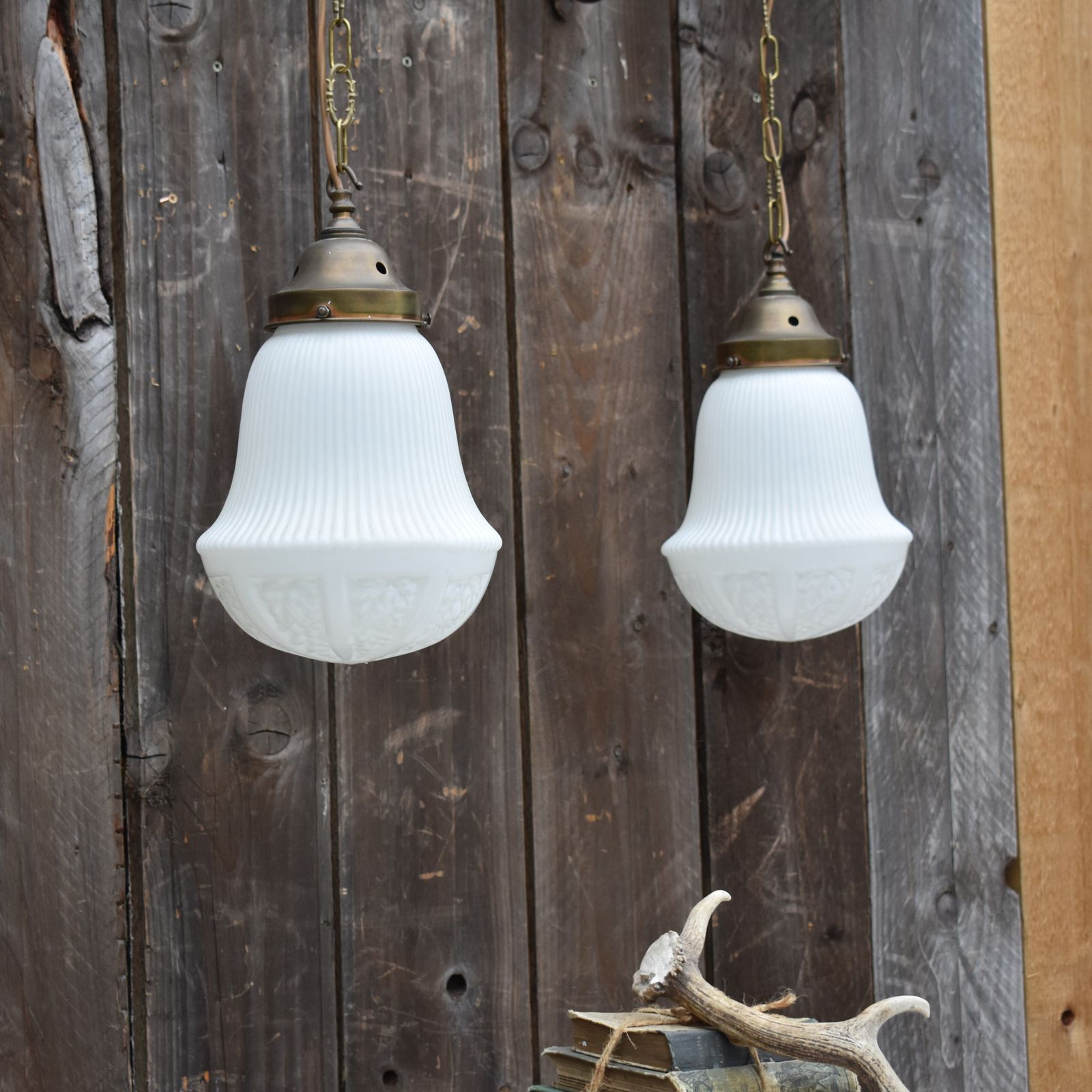 Lighting Antique Early 20th Century Grape Embossed Opaline Glass Chapel Church Light Pair photo