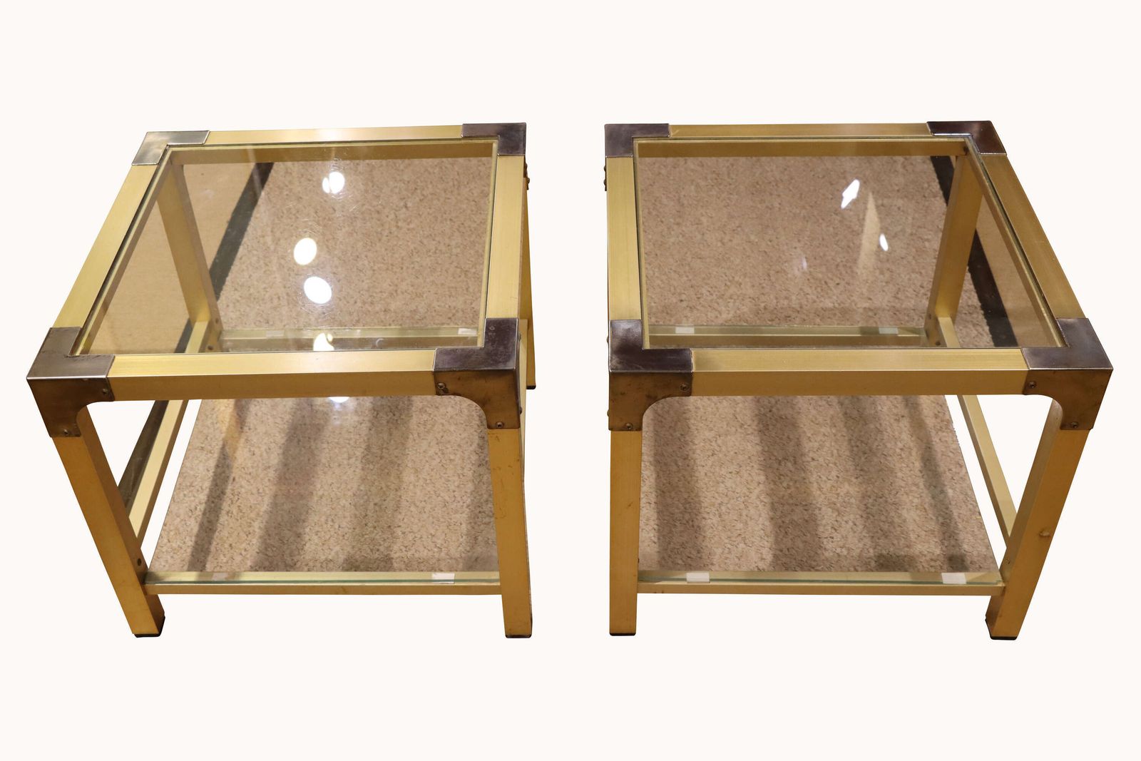 Pair Of Mid 20th Century Brass And Glass Two Tier Tables photo furniture