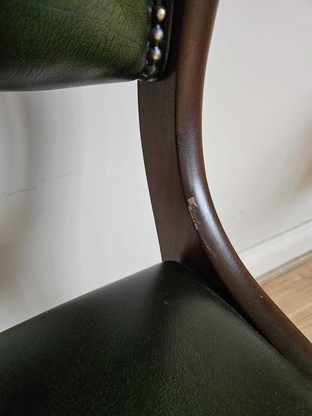 Vintage Dark Wood & Deep Green Leather Button Back Chesterfield Dining Chair photo furniture
