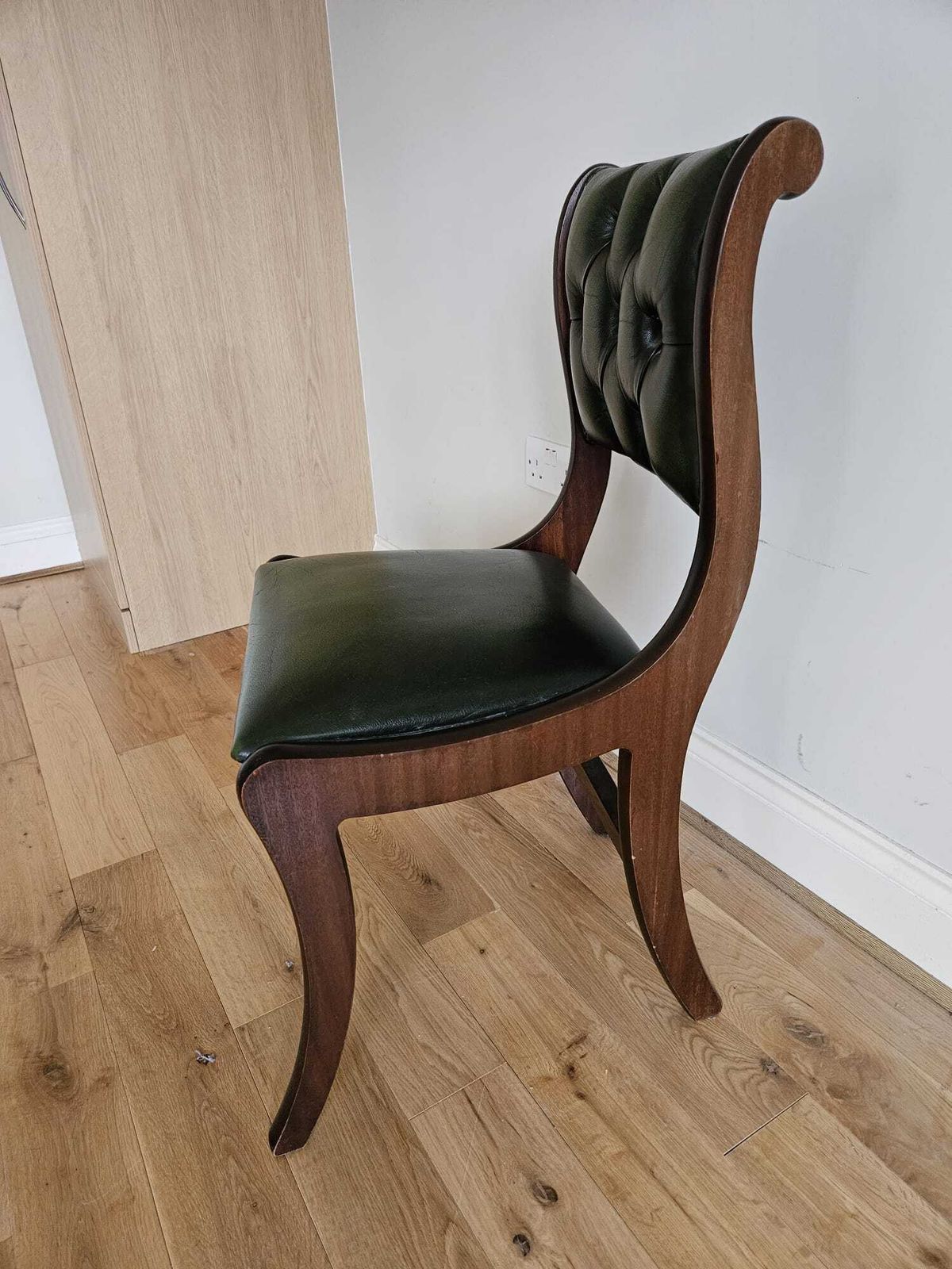 Vintage Dark Wood & Deep Green Leather Button Back Chesterfield Dining Chair photo Furniture