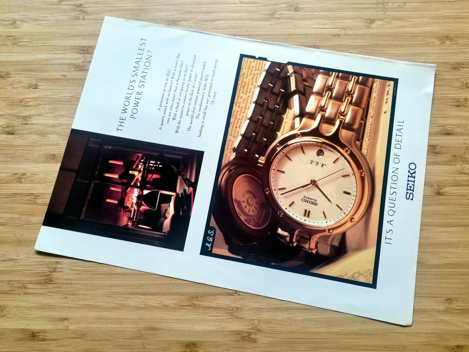 Seiko Ags 1980s Magazine Advertisement, Luxury Watch Ephemera, Quartz Kinetic Tech, Approx. 11 × 8 In, “The World’s Smallest Power Station?” photo furniture