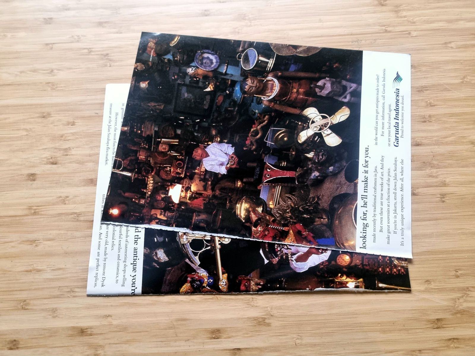 Garuda Indonesia Antique Market Ad, Jakarta Jalan Surabaya Flea Market, Double Page Airline Advertisement, 1980s Travel Ephemera, 16 × 11 In photo 275.0