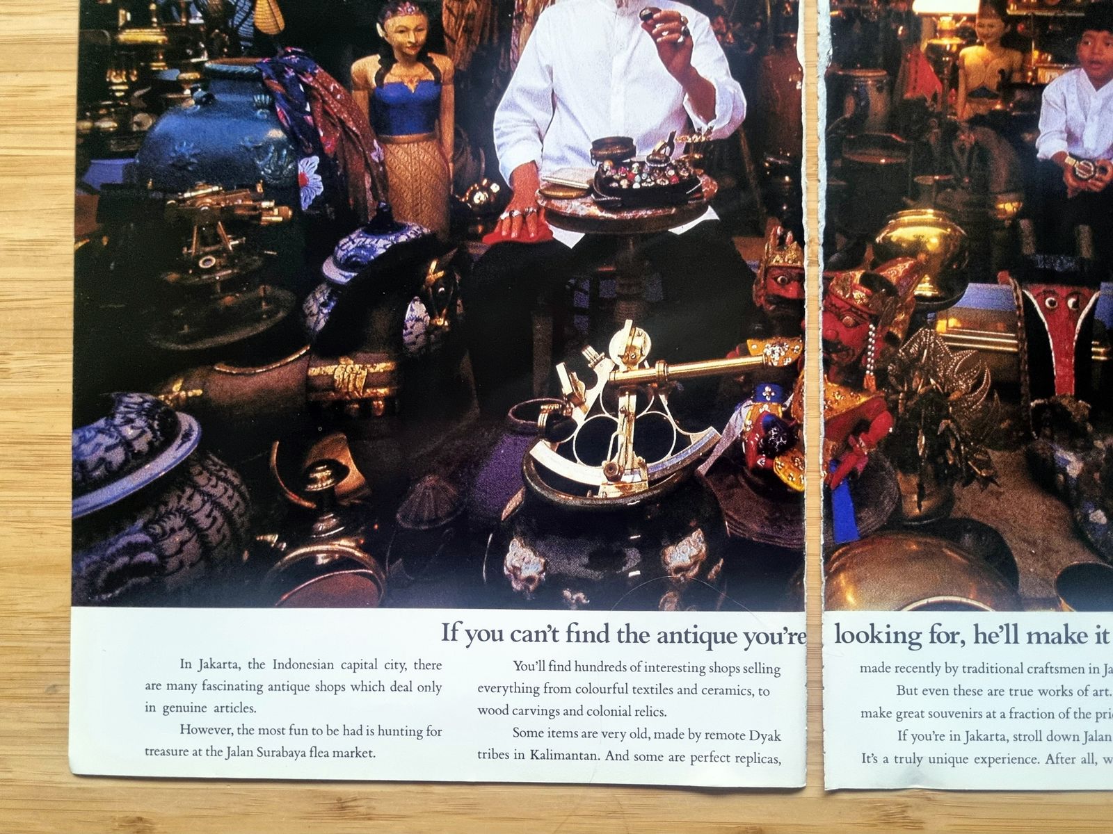 Garuda Indonesia Antique Market Ad, Jakarta Jalan Surabaya Flea Market, Double Page Airline Advertisement, 1980s Travel Ephemera, 16 × 11 In photo buy