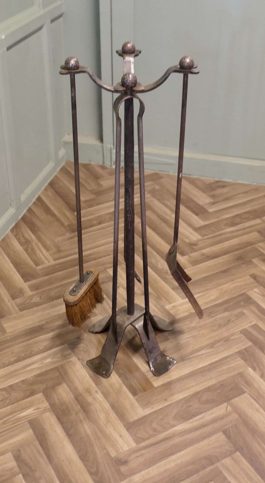 French Gothic Iron Manor House Fire Tool Companion Set photo for sale