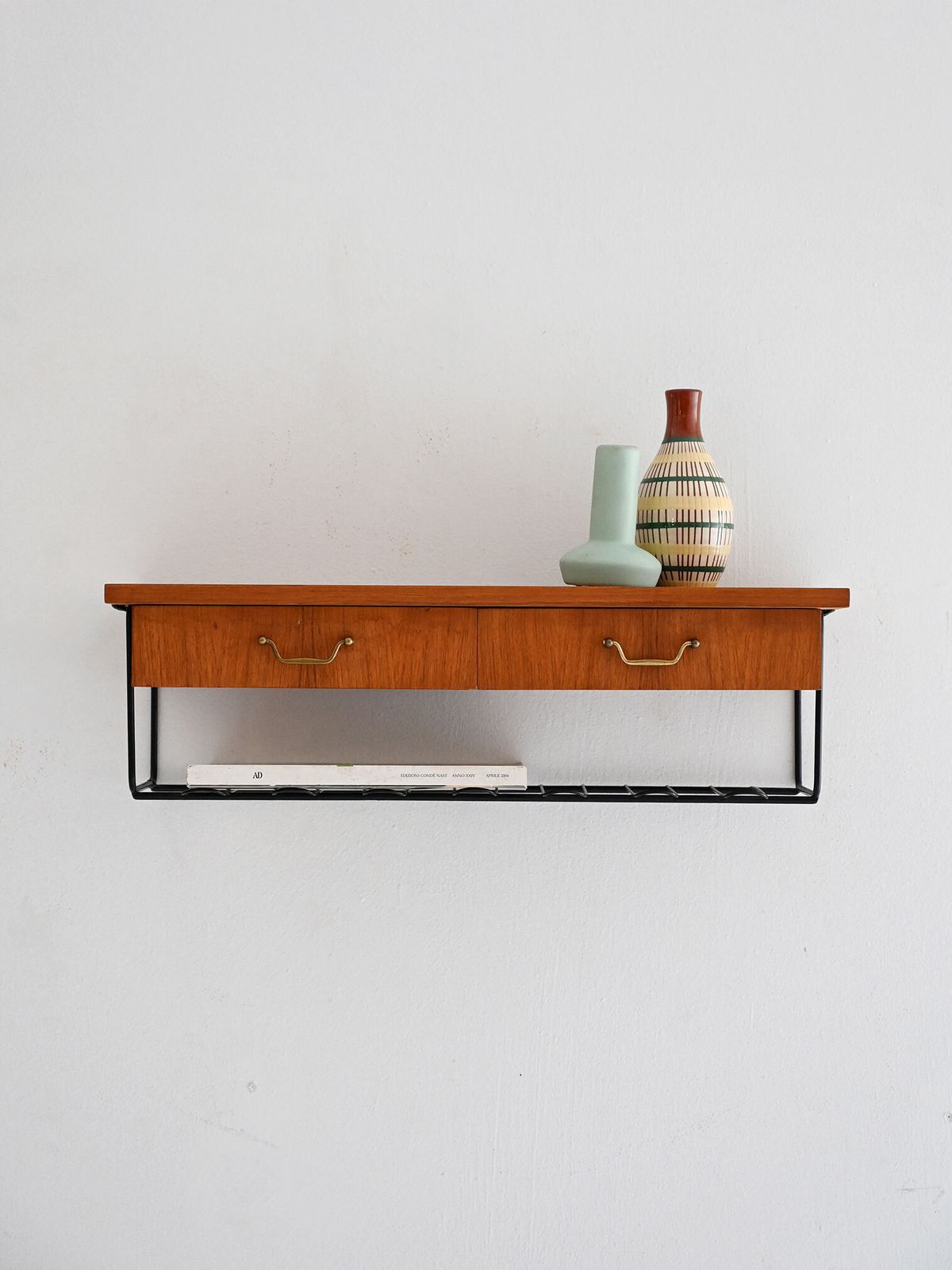 Scandinavian Vintage Teak Wall Mounted Nightstand With Two Drawers