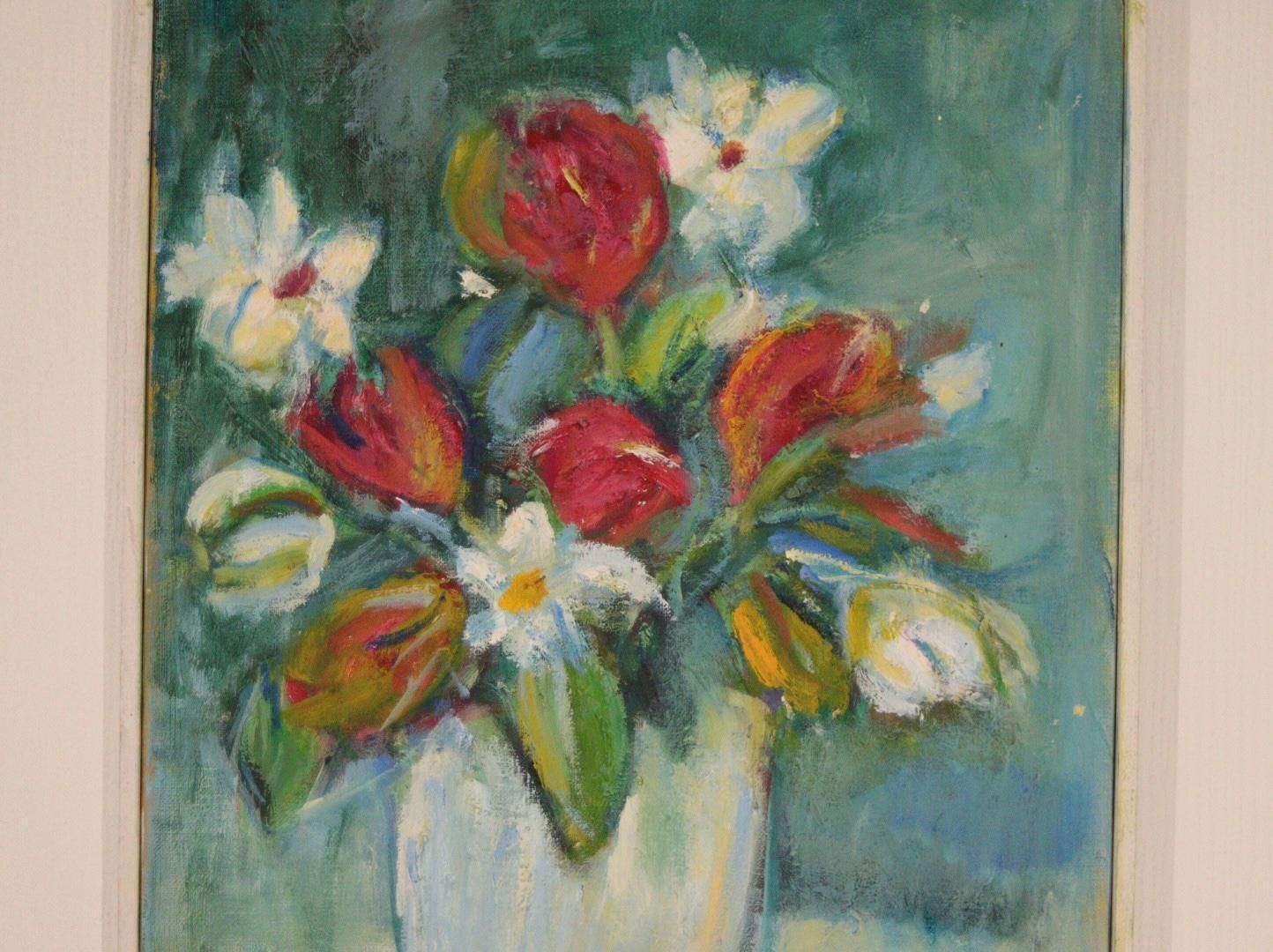 photo furniture Original Swedish Oil On Canvas – “Vase And Flowers” By M. Hernek – Vintage & Framed  42 × 54 Cm (16.5" × 21.3")