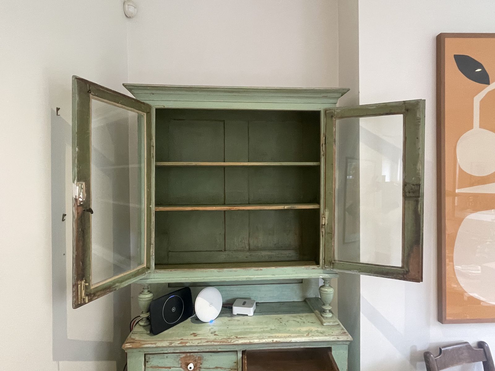 Antique Painted Green 'Shabby' Kitchen Cabinet (Armoire) photo for sale