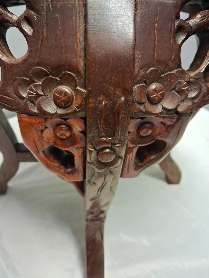 Antique Chinese Hardwood Jardiniere Lamp Table Marble Top With Bird Carvings photo for sale