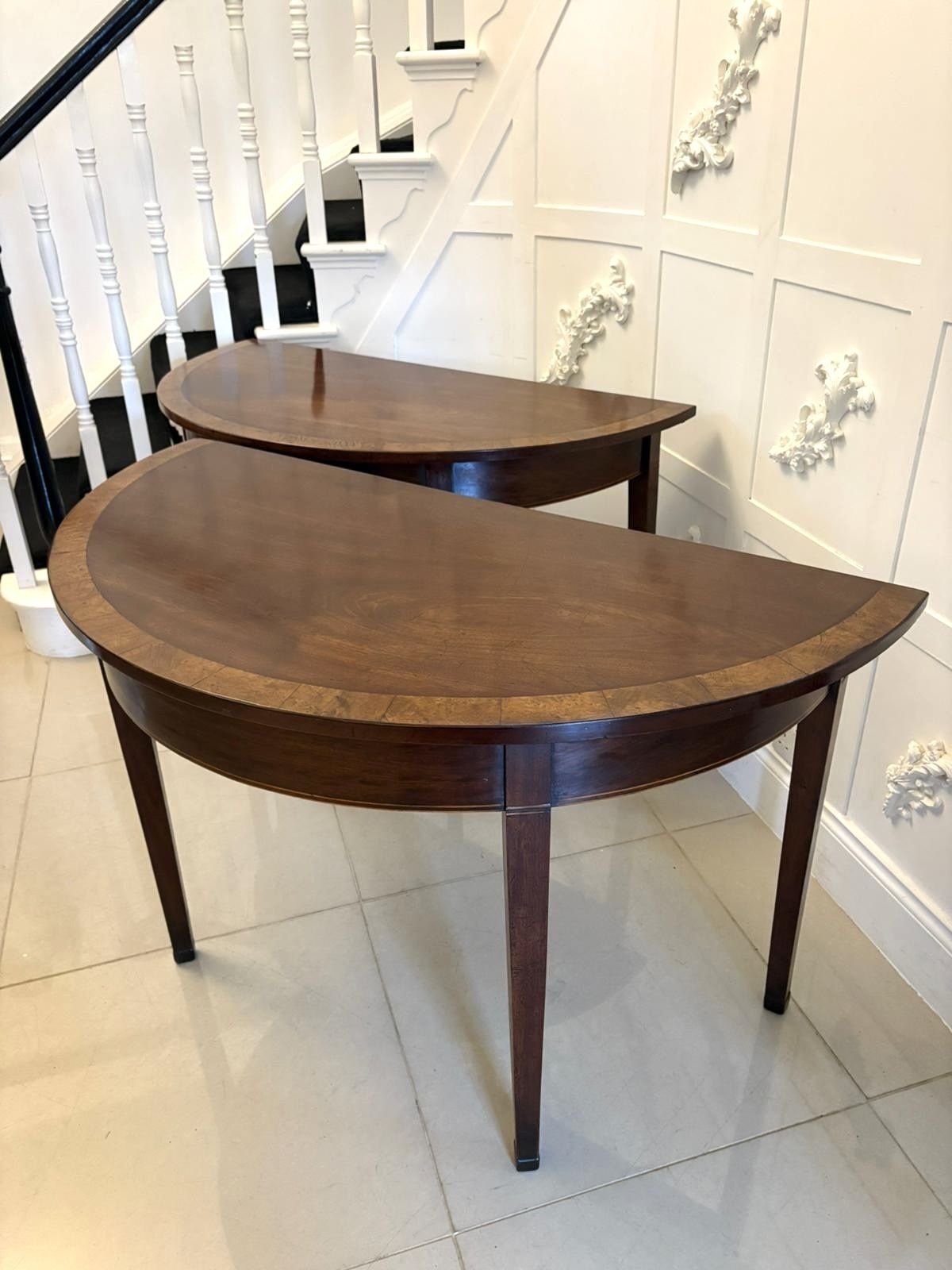 Furniture Large Pair Of Antique Quality Figured Mahogany Demi Lune Side Tables photo
