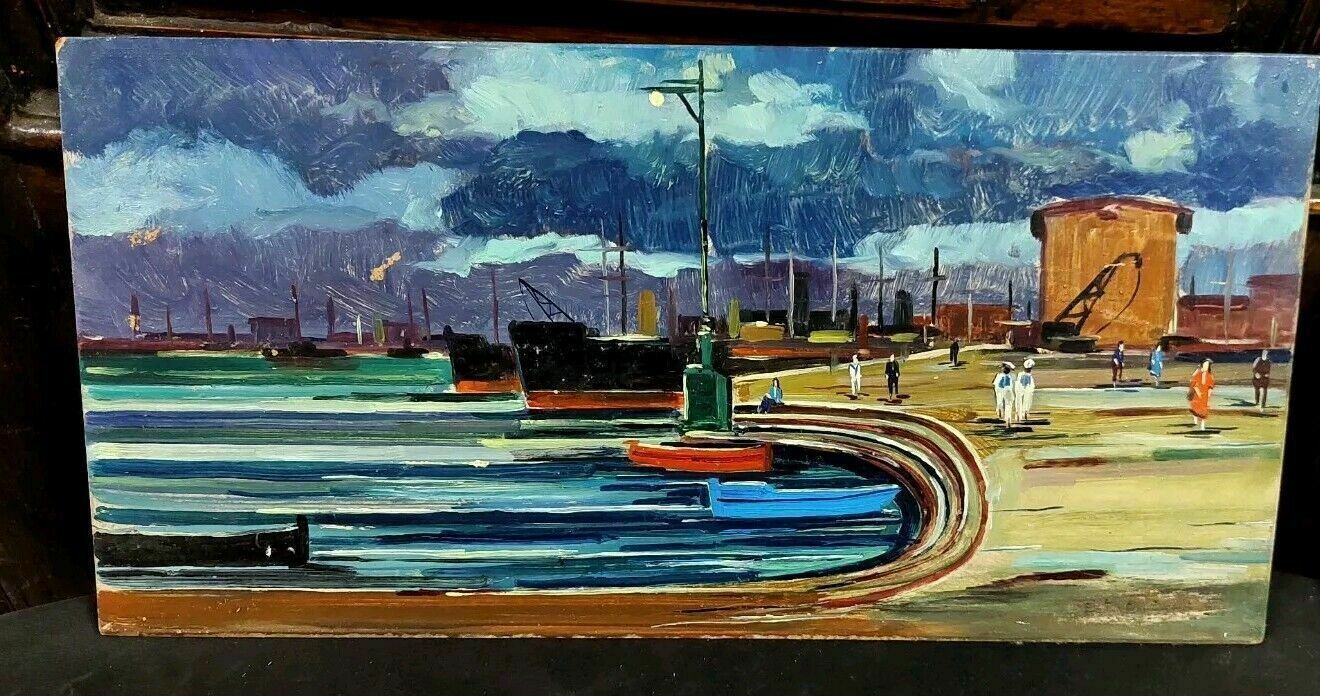 Oil Painting Livorno 1975 Beautiful Boat Port photo furniture