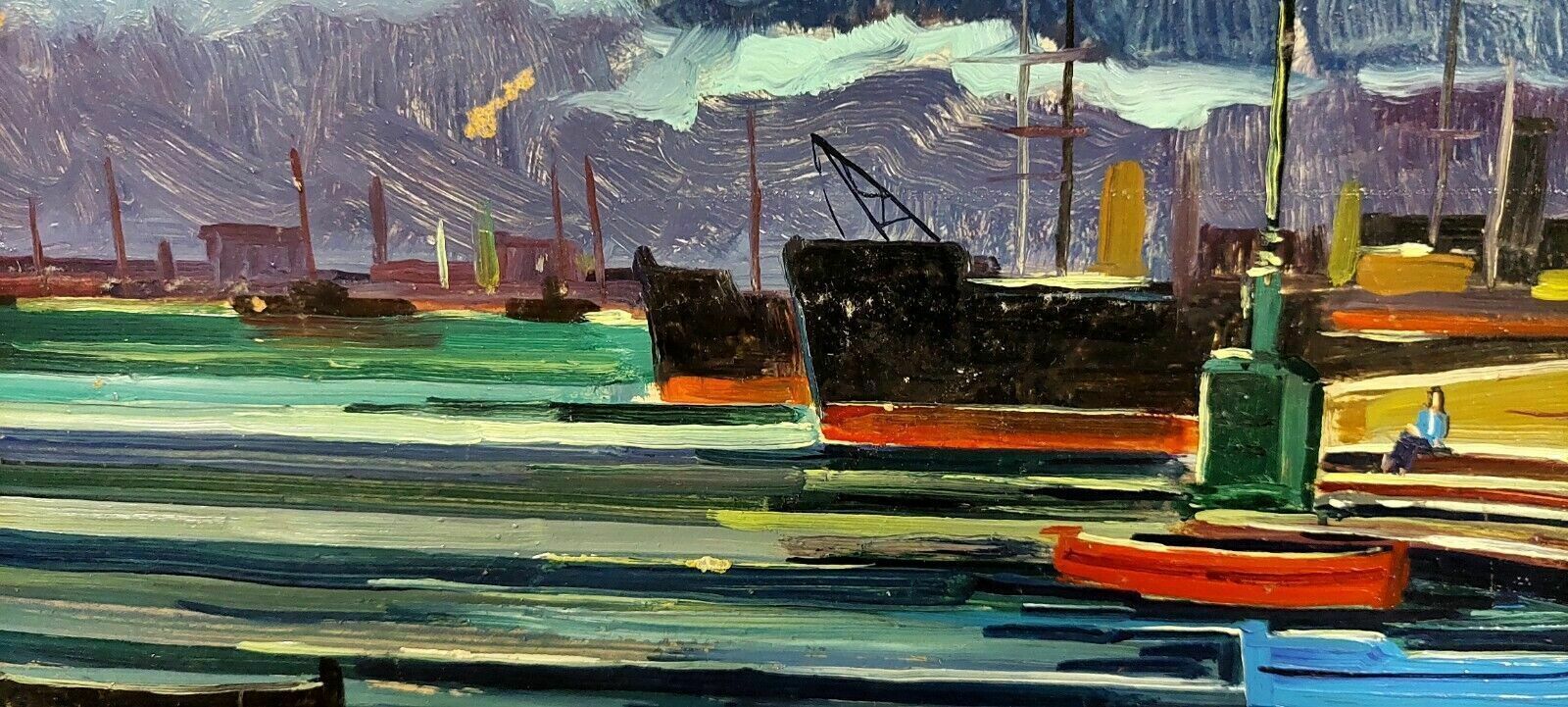 Art Oil Painting Livorno 1975 Beautiful Boat Port photo
