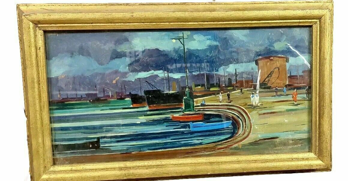 photo vinterior Oil Painting Livorno 1975 Beautiful Boat Port
